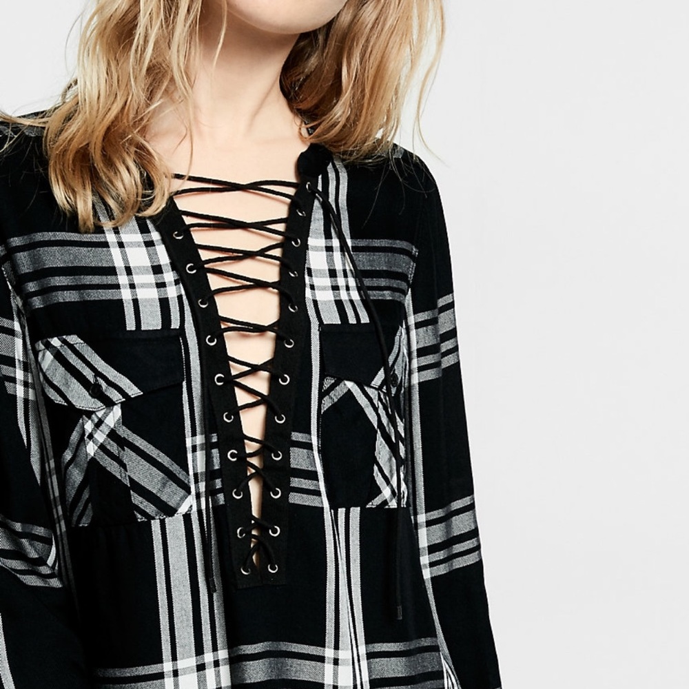 Express Black Lace-Up Plaid Shirt